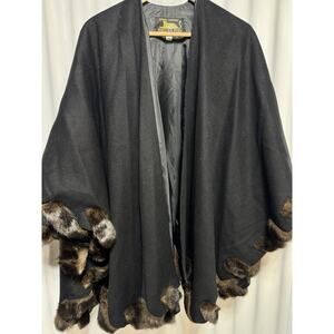 Donna Salyers Fabulous Furs OS Jet Black Cape W/Leopard Fur Accents Made In USA